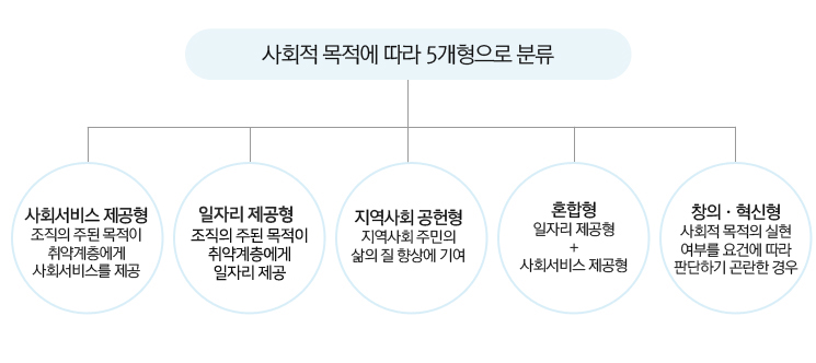 사회적 목적에 따라 5개형으로 분류- 사회서비스 제공형 조직의 주된 목적이 취약계층에게 일자리 제공 일자리 제공형 조직의 주된 목적이 취약계층에게 사회서비스를 제공지역사회 공헌형지역사회 주민의삶의 질 향상에 기여혼합형일자리 제공형+사회서비스 제공형창의·혁신형사회적 목적의 실현여부를 요건에 따라판단하기 곤란한 경우