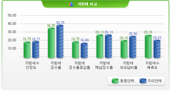 지방세 비교-지방세수안정도 동종단체:18.75 우리단체 18.77/ 지방세징수율 동종단체:34.25 우리단체:38.25 / 지방세징수율증감율 동종단체:18.75 우리단체:16.49 / 지방세체납징수율 동종단체:28.13 우리단체:28.13 / 지방세 과오납비율 동종단체:21.10 우리단체:25.50 / 지방세수예측도 동종단체:28.18 우리단체:20.63