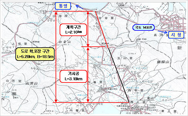 도로확포장구간 L=5.28km, B=18.5m. 기시공(L=3.18km), 계획구간(L-2.10km).통영과 잊는 구간이다