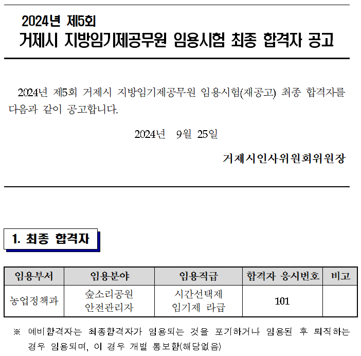 2024년 제5회  거제시 지방임기제공무원 임용시험 최종 합격자 공고 이미지