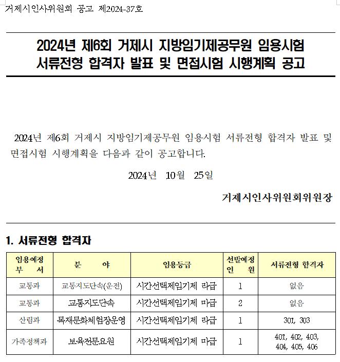 2024년 제6회 거제시 지방임기제공무원 임용시험 서류전형 합격자 발표 및 면접시험 시행계획 공고 이미지