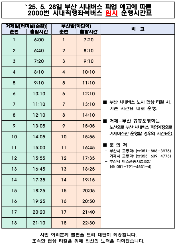 부산 시내 버스 파업 예고에 따른 2000번 버스 축소 운행 예정 현장 이미지