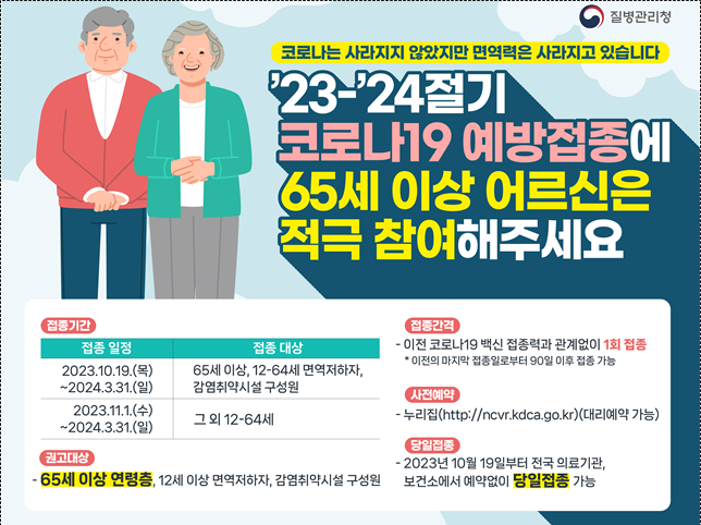 2023-2024절기 65세 이상 어르신 코로나19 예방접종 권고 안내