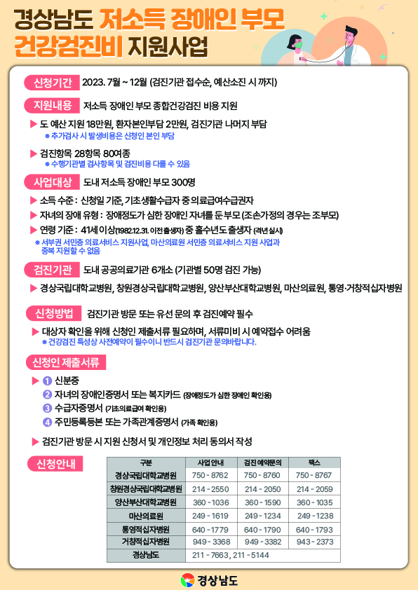 경상남도 저소득 장애인 부모 건강검진비 지원 사업