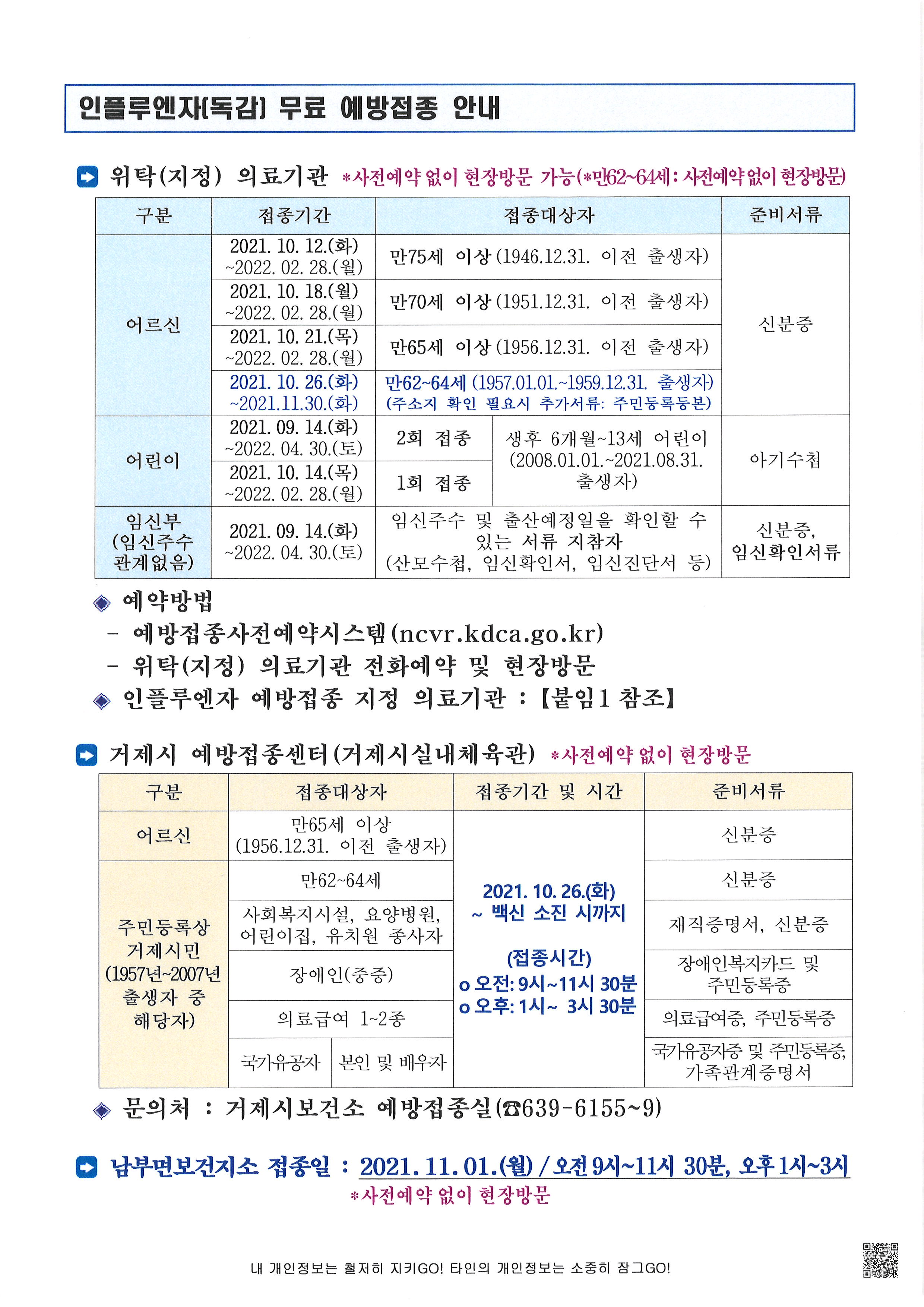 인플루엔자(독감) 무료 예방접종 안내