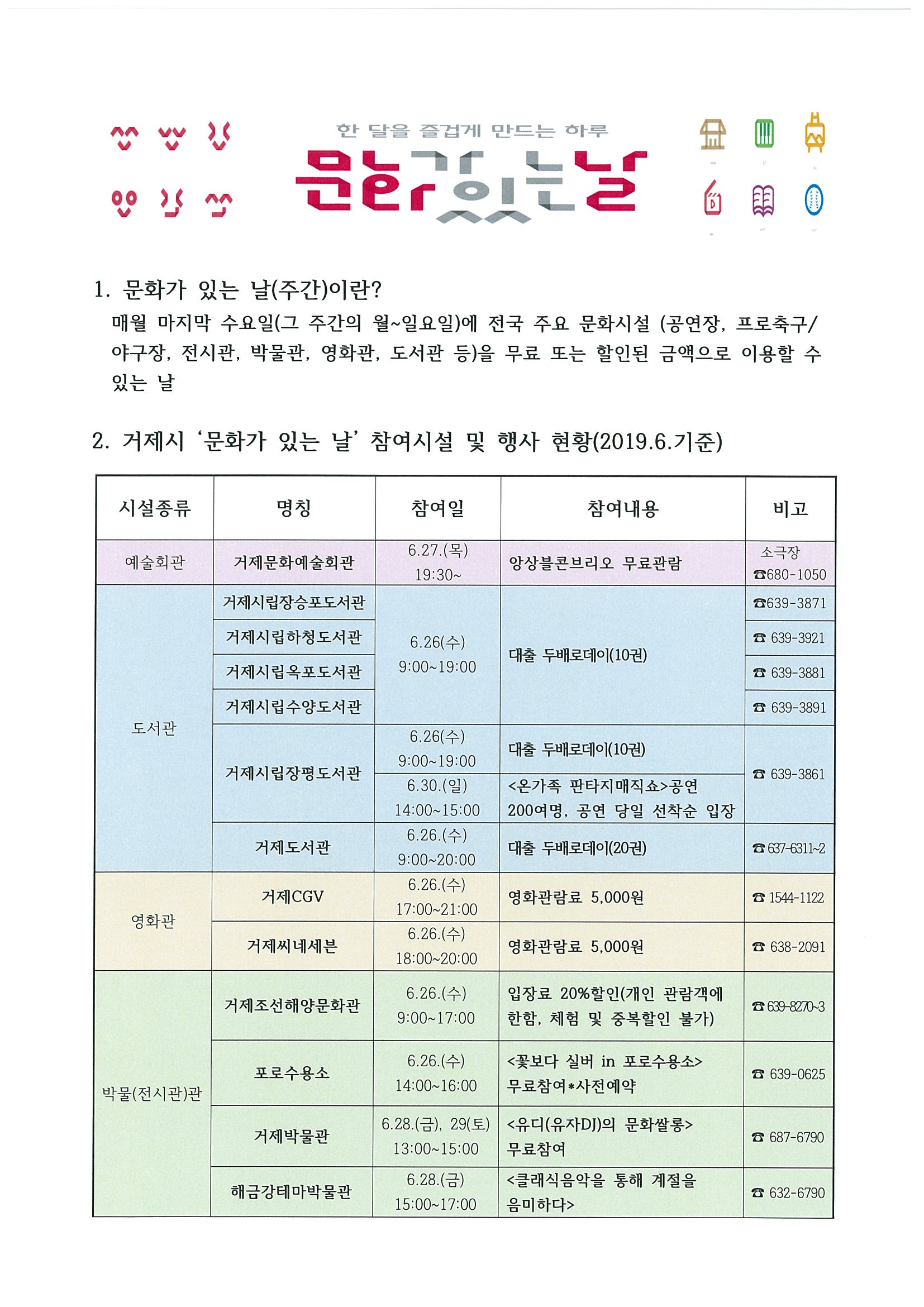 2019년 6월 거제시 문화가 있는 날 프로그램 안내 이미지
