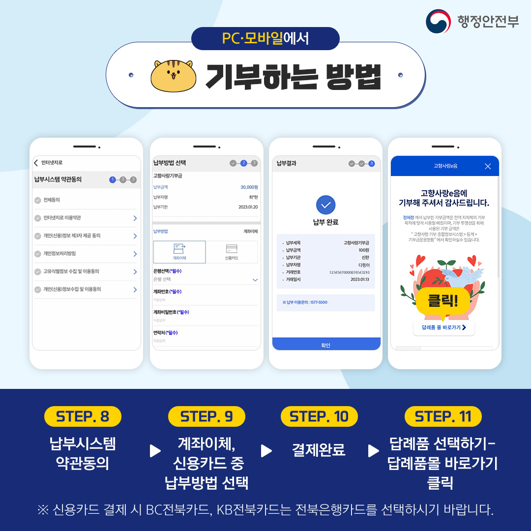 PC·모바일에서 기부하는 방법 STEP8 납부시스템 약관동의 > STEP9 계좌이체, 신용카드 중 납부 방법 선택 > STEP10 결제완료 > STEP11 답례품 선택학기-답례품몰 바로가기 클릭 ※신용카드 결제시 BC전북카드, KB전북카드는 전북은행카드를 선택하시기를 바랍니다.
