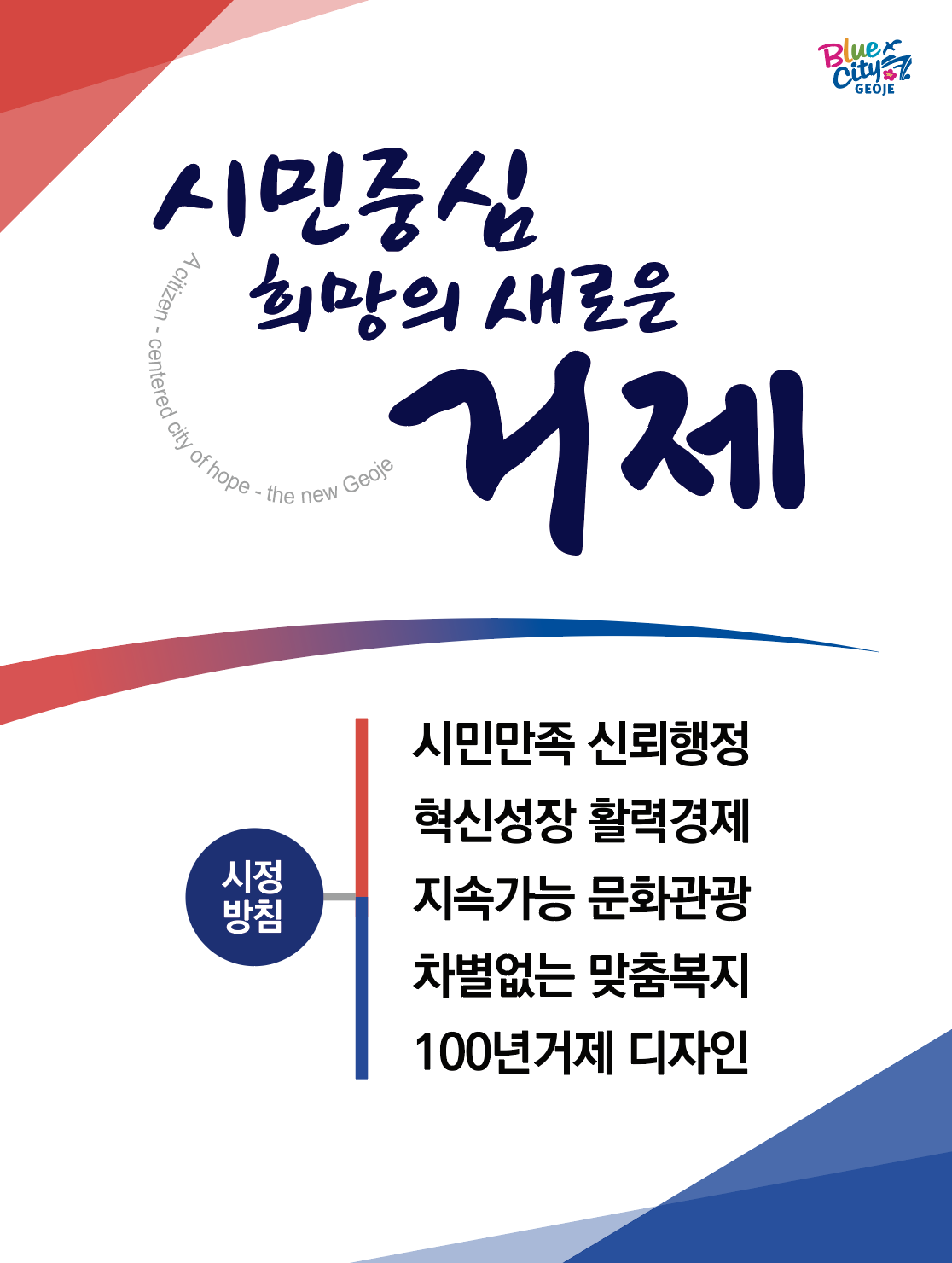 시민중심 희망의 새로운 거제 시정방침 시민만족 신뢰행정, 혁신성장 활력경제, 지속가능 문화관광, 차별없는 맞춤복지, 100년거제 디자인