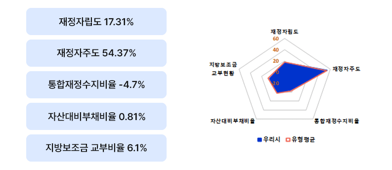 재정자립도 16.9%, 재정자주도 56.4%, 통합재정수지비율 0.5%, 자산대비부채비율 0.95%, 지방보조금 교부비율 6.8%