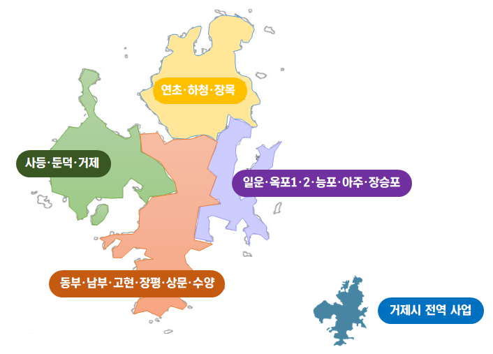 거제시 지도 사진 연초·하청·장목, 사등·둔덕·거제, 일운·옥포1,2·능포·아주·장승포, 동부·남부·고현·장평·상문·수양, 거제시 전역 사업