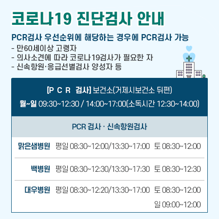 코로나19 진단검사 안내
PCR검사 우선순위에 해당하는 경우에 PCR검사 가능
- 만60세이상 고령자
- 의사소견에 따라 코로나19검사가 필요한 자
- 신속항원·응급선별검사 양성자 등

[P  C  R   검사] 보건소(거제시보건소 뒤편)
월~일 09:30~12:30 / 14:00~17:00(소독시간 12:30~14:00)  

PCR 검사 · 신속항원검사
맑은샘병원
오전 08:30~12:00, 오후13:30~17:00
토요일 08:30~12:00

백병원
오전08:30~12:30 , 오후13:30~17:30
토 08:30~12:30

대우병원
오전08:30~12:20 , 오후13:30~17:00
토 08:30~12:00 , 일 09:00~12:00
