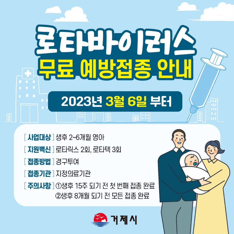 로타바이러스 무료 예방접종 안내
2023년 3월 6일 부터
[사업대상]생후 2~6개월 영아
[지원백신]로타릭스 2회, 로타텍 3회
[접종방법]경구투여
[접종기관]지정의료기관
[주의사항]1.생후 15주 되기 전 첫 번째 접종 완료
               2.생후 8개월 되기 전 모든 접종 완료 (새창으로 열림)