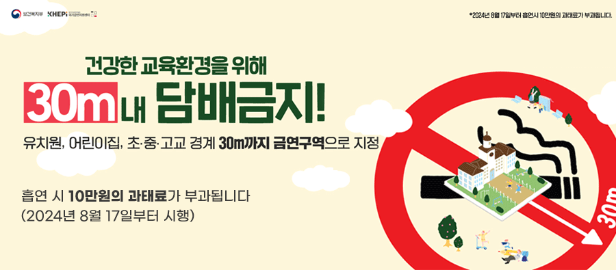 보건복지부 
*2024년 8월 17일부터 흡연시 10만원의 과태료가 부과됩니다.
건강한 교육환경을 위해 30m내 담배금지!
유치원, 어린이집, 초·중·고교 경계 30m까지 금연구역으로 지정
흡연 시 10만원의 과태료가 부과됩니다(2024년 8월 17일부터 시행)