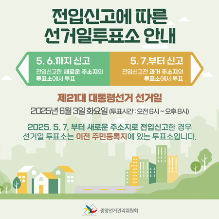 전입신고에 따른 선거일투표소 안내
5.6.까지 신고 : 전입신고한 새로운 주소지의 투표소에서 투표
5.7.부터 신고 전입신고전 과거 주소지의 투표소에서 투표
제21대 대통령선거 선거일
2025년 6월 3일 화요일 (투표시간 오전6시~오후8시)
2025.5.7. 부터 새로운 주소지로 전입신고한 경우 
선거일 투표소는 이전 주민등록지에 있는 투표소입니다.
중앙선거관리위원회