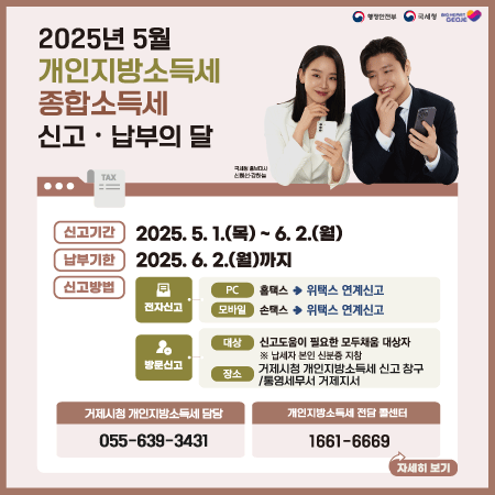 행정안전부 국세청 big heart geoje
2025년 5월 개인지방소득세 종합소득세 신고 납부의 달
자세히 보기
신고기간 2025.5.1.(목)~6.2.(월)
납부기한 2025.6.2.(월)까지
신고방법 
-전자신고: pc홈텍스 → 위택스 연계신고, 모바일 손텍스 → 위택스 연계신고
-방문신고: 대상 신고도움이 필요한 모두채움 대상자 *납세자 본인 신분증 지참 , 장소 거제시청 개인지방소득세 신고 창구 /통영세무서 거제지서 
거제시청 개인지방소득세 담당 055-639-3431
개인지방소득세 전담 콜센터 1661-6669
