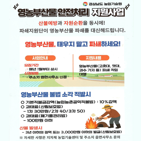 경상남도 농업기술원
영농부산물 안전처리 지원사업
산불예방과 자원순환을 동시에!
파쇄지원단이 영농부산물 파쇄를 대신해드립니다.
영농부산물, 태우지 말고 파쇄하세요!
사업안내
모집기간
: 매년 1월부터 상시
신청방법
: 주소지 읍면사무소 신청
지원내용
영농부산물(고춧대, 깻대, 과수 가지 등) 파쇄 작업
대행
영농부산물 불법 소각 적발시
기본직불금감액(농업농촌공익직불법): 10% 감액
과태료(산림보호법)
- 1차 30만원/2차 40/3차 50)
과태료(폐기물관리법)
- 100만원 이하
산불 발생시
- 3년 이하의 징역 또는 3,000만원 이하의 벌금(산림보호법)
※ 자세한 사항은 지자체 농업기술센터 및 주소지 읍면사무소 문의