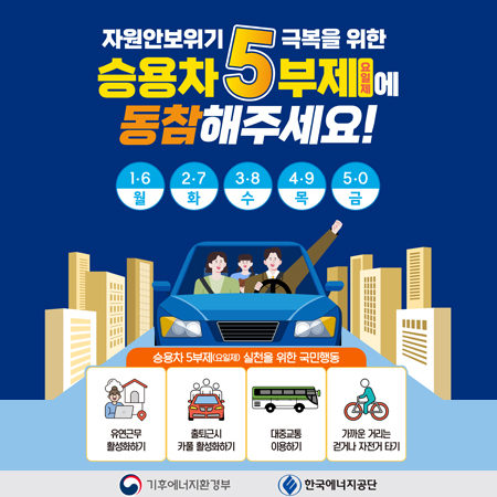 승용차 5부제에 동참해주세요!
1-6 월
2-7 화
3-8 수
4.9 목
5-0 금
승용차 5부제(요일제) 실천을 위한 국민행동
유연근무 활성화하기
출퇴근시 카풀 활성화하기
대중교통 이용하기
가까운 거리는 걷거나 자전거 타기
기후에너지환경부 한국에너지공단|||intro