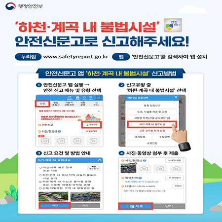 행정안전부
'하천·계곡 내 불법시설' 안전신문고로 신고해주세요!
누리집 www.safetyreport.go.kr
앱 '안전신문고'를 검색하여 앱 설치
안전신문고 앱 '하천 계곡 내 불법시설' 신고방법
1 안전신문고 앱 실행 → 안전 신고 메뉴 및 유형 선택
2 신고유형 중 '하천·계곡 내 불법시설' 선택
3 신고 요건 및 방법 안내 확인
4 사진·동영상 첨부 후 제출