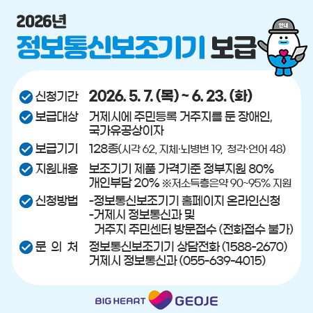 2026년 정보통신보조기기 보급
신청기간 2026.5.7.(목)~6.23.(화)
보급대상 거제시에 주민등록 거주지를 둔 장애인, 국가유공상이자
보급기기 128종(시각 62, 지체·뇌병변 19, 청각·언어 48)
지원내용 보조기기 제품 가격기준 정부지원 80% 개인부담 20% ※저소득층은약 90~95% 지원
신청방법 -정보통신보조기기 홈페이지 온라인신청-거제시 정보통신과 및
거주지 주민센터 방문접수 (전화접수 불가)
문의처 정보통신보조기기 상담전화 (1588-2670) 거제시 정보통신과 (055-639-4015)
BIG HEART GEOJE