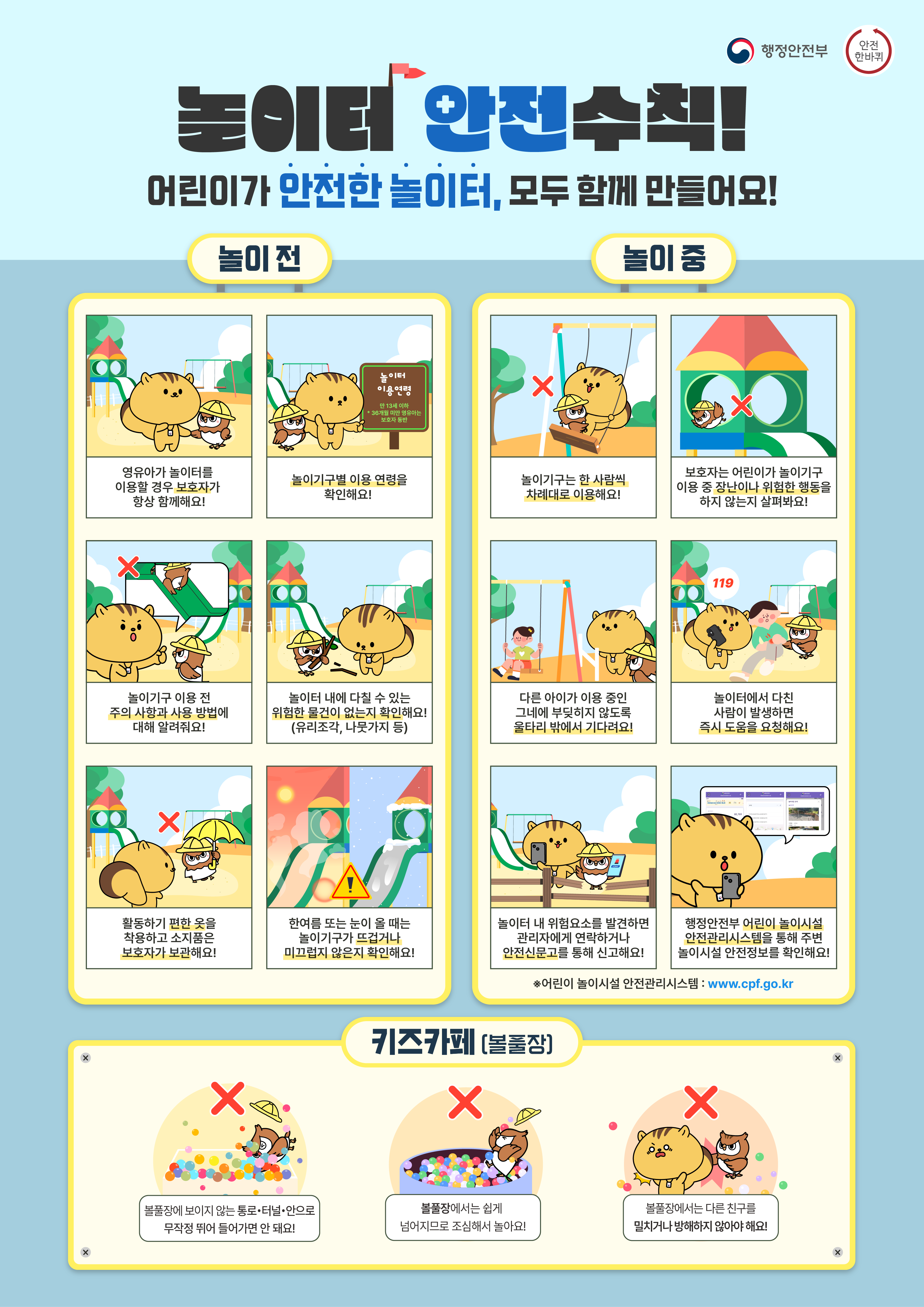 행정안전부
놀이터 안전수칙!
어린이가 만전한 놀이터, 모두 함께 만들어요!
놀이 전
영유아가 놀이터를 이용할 경우 보호자가 항상 함께해요!
놀이기구별 이용 연령을 확인해요!
놀이기구 이용 전 주의 사항과 사용 방법에 대해 알려줘요!
놀이터 내에 다칠 수 있는 위험한 물건이 없는지 확인해요! (유리조각, 나뭇가지 등)
활동하기 편한 옷을 착용하고 소지품은 보호자가 보존해요!
한여름 또는 눈이 올 때는 놀이기구가 뜨겁거나 미끄럽지 않은지 확인해요!

놀이 중
놀이기구는 한 사람씩 차례대로 이용해요!
보호자는 어린이가 놀이기구 이용 중 장난이나 위험한 행동을 하지 않는지 살펴봐요!
다른 아이가 이용 중인 그네에 부딪히지 않도록 울타리 밖에서 기다려요!
놀이터에서 다친 사람이 발생하면 즉시 도움을 요청해요!
놀이터 내 위험요소를 발견하면 관리자에게 연락하거나 안전신문고를 통해 신고해요!
행정안전부 어린이 놀이시설 안전관리시스템을 통해 주변 놀이시설 안전정보를 확인해요!
*어린이 놀이시설 안전관리시스템: www.cpf.go.kr (새창으로 열림)