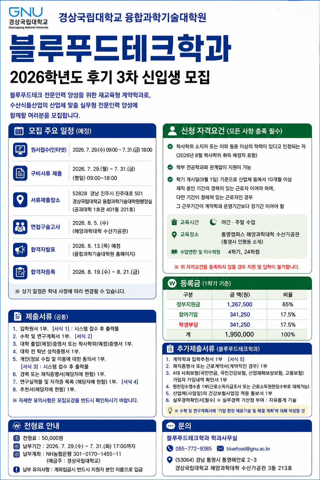 경상국립대 블루푸드테크학과 신입생 모집