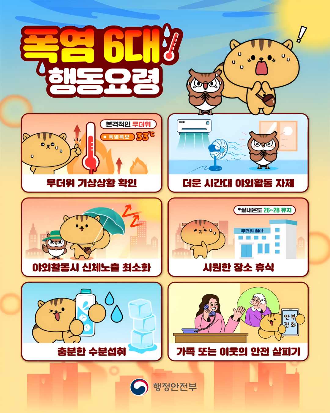 폭염 시 행동요령
폭염 6대 행동요령
무더위 기장상황 확인
더운 시간대 야외활동 자제
야외활동시 신체노출 최소화
시원한 장소 휴식
충분한 수분섭취
가족 또는 이웃의 안전 살피기|||intro
